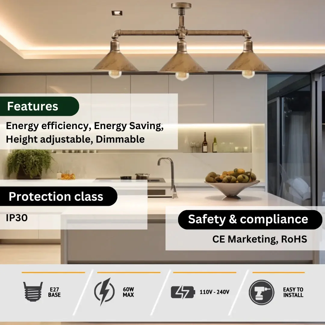 Industrial steampunk 3‑light copper pipe dining room pendant light with three E27 Edison screw holders.