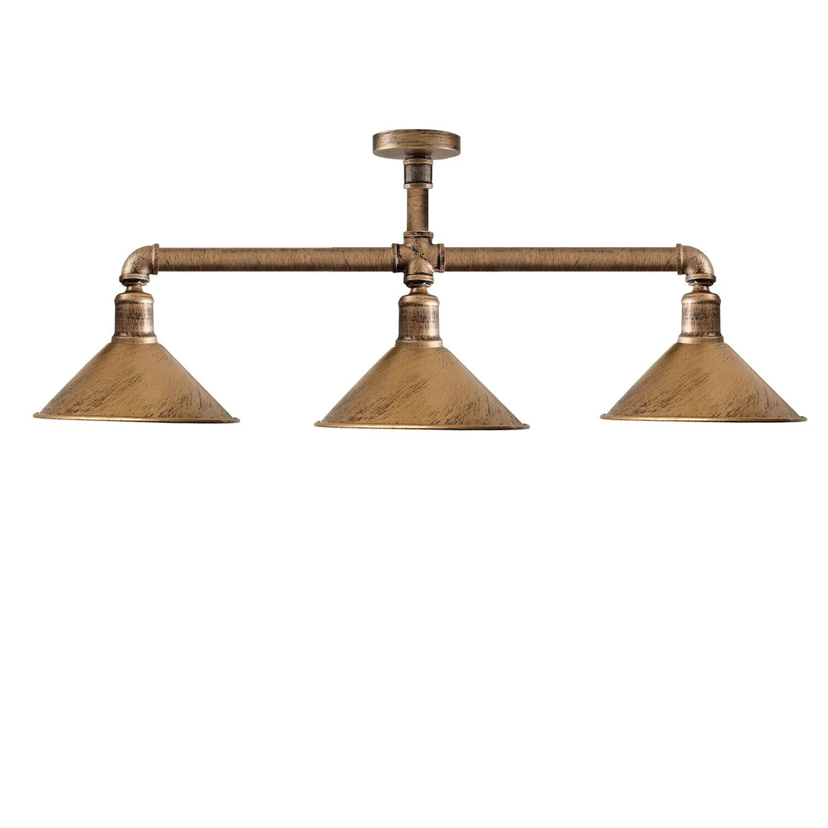 Metal pipe light with three E27 holders, brushed copper finish, hanging from ceiling.