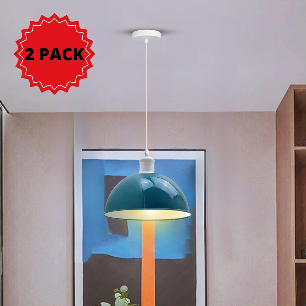 Two blue pendant lighting fixtures with metal bodies and blue shades hanging from 95 cm cables.