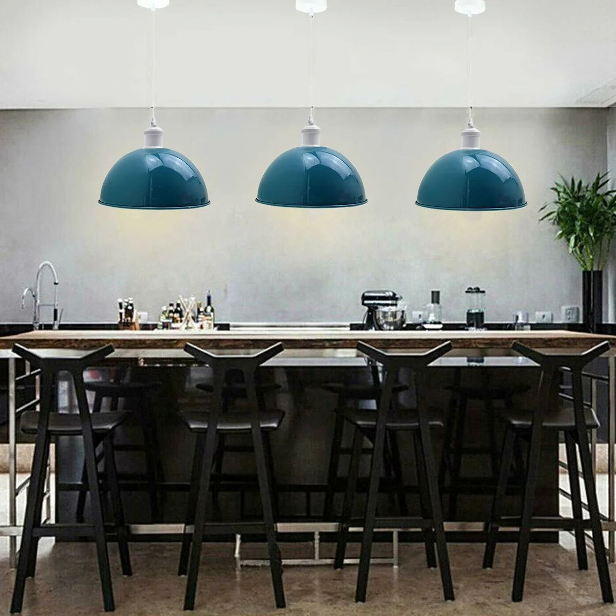 Adjustable pendant light set with three blue metal shades, PVC wire, and E27 holders for kitchen or dining.