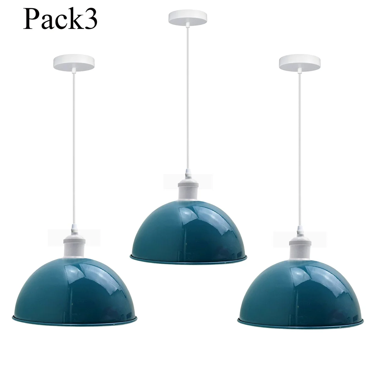 3 light pendant lamp set with three blue iron shades, 10cm metal lamps, 95cm PVC cables and industrial brackets.
