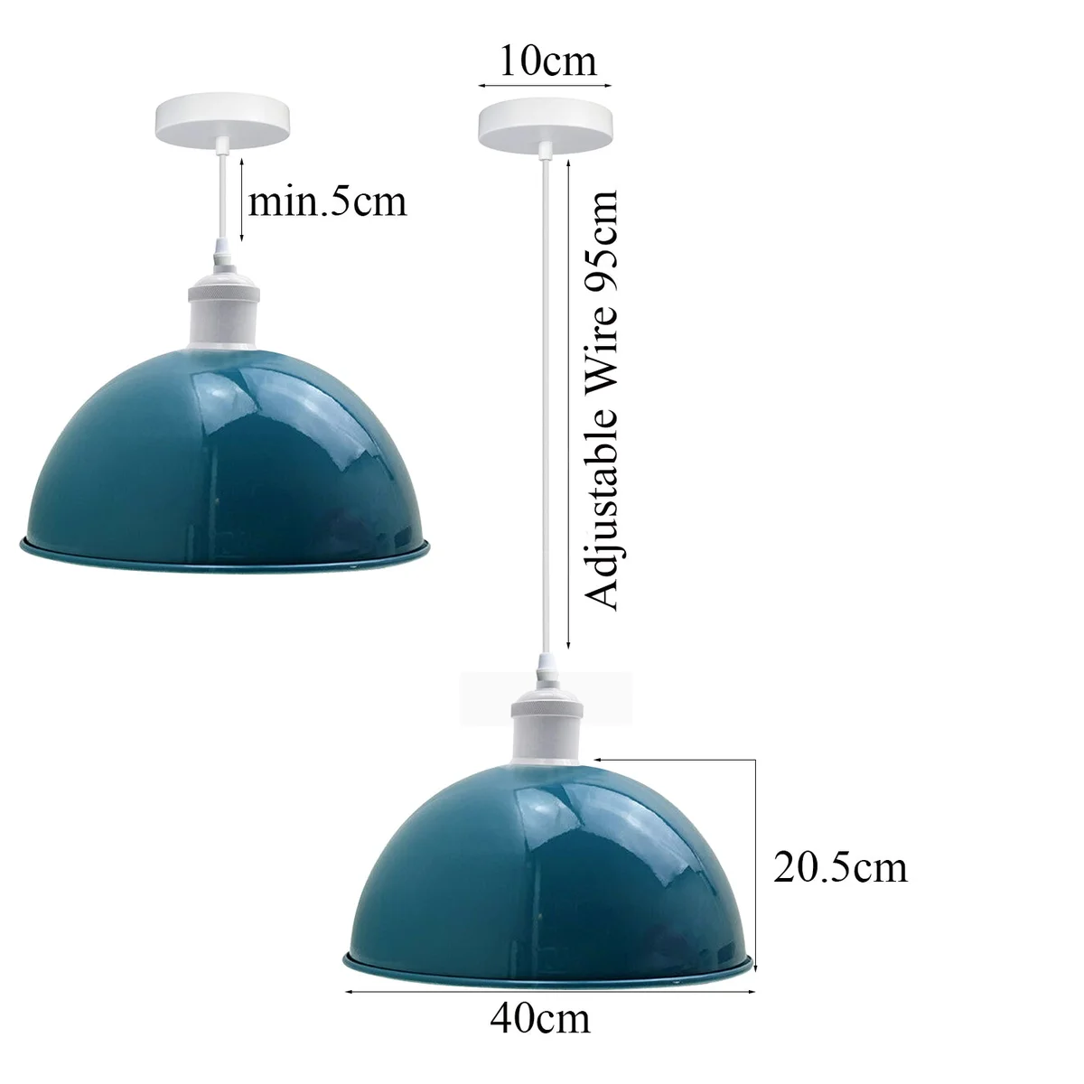 Set of three blue metal E27 ceiling light pendants with 10cm shade and 95cm cable