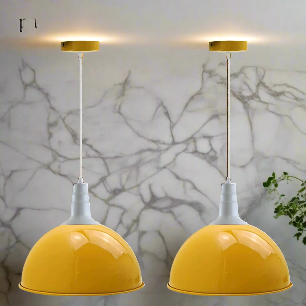 Yellow industrial ceiling pendant light with metal shade, 10cm metal base and 95cm cable