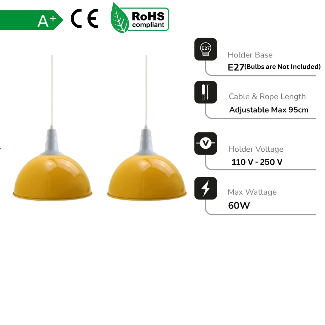 Yellow ceiling lamp shade made of industrial metal, hanging from ceiling, 10cm diameter, two portable pendants