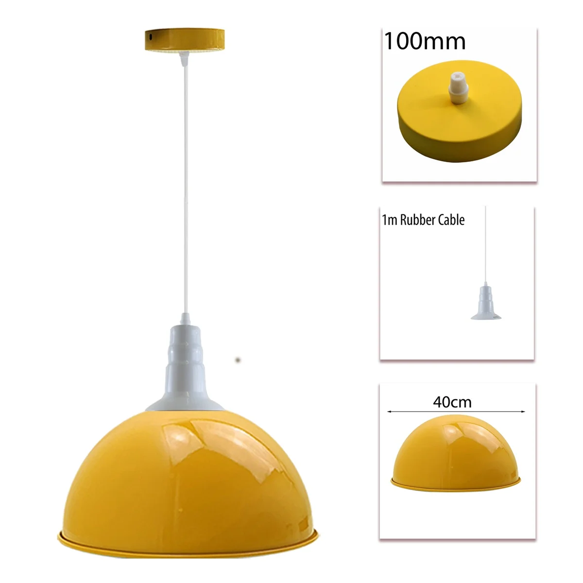 Yellow metal pendant lamps with 95cm cables, two styled for retro loft lighting, featuring sturdy iron and PVC wire.