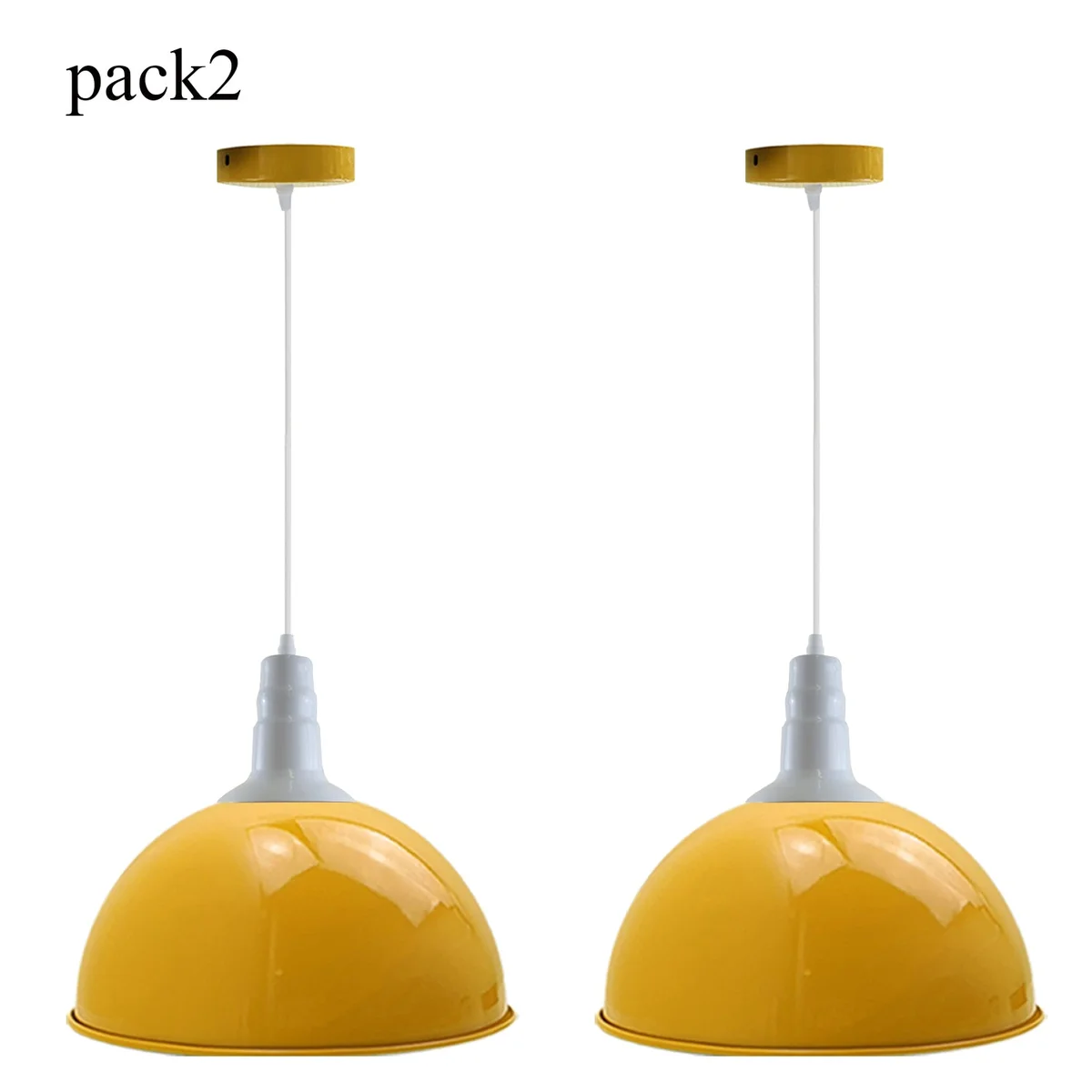 Two yellow iron metal lamp shades with white LED shades hanging from 95cm cables, 10cm base—modern industrial lamp shade set.