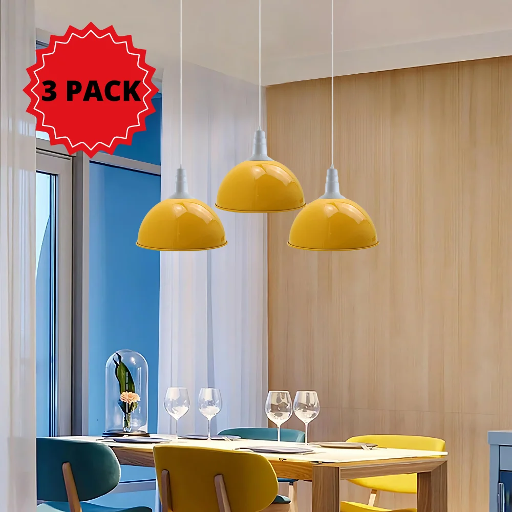 Adjustable pendant lights in yellow iron frame with E27 lamps, hanging on 95cm cable, 3‑pack for modern loft or kitchen