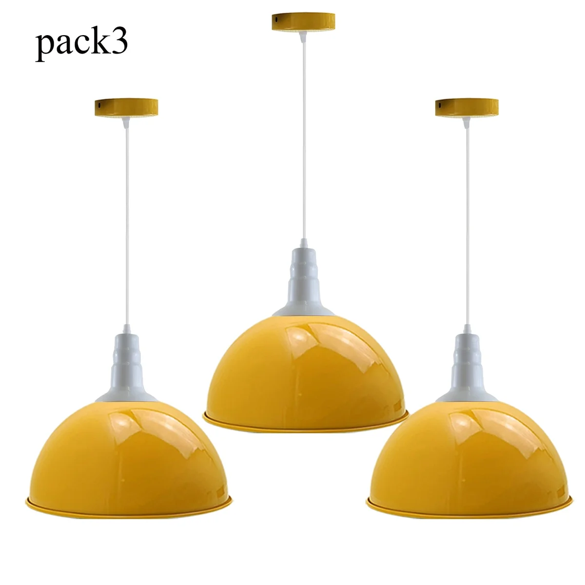 Yellow metal pendant lights in 3‑pack, iron bodies with PVC cable, 95cm length, 10cm ceiling plate, modern industrial look.