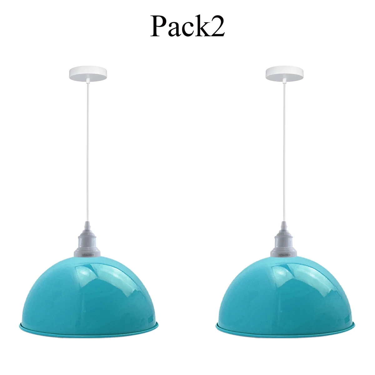 Blue vintage ceiling pendant with metal shade and white lamp holder, 2-pack industrial style, 95cm hanging wire.