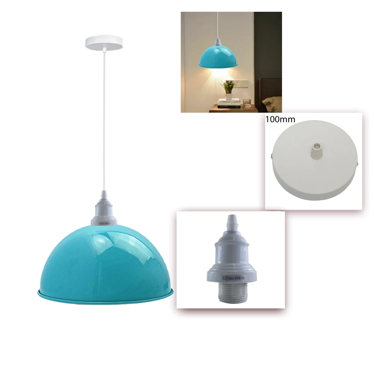 Two blue industrial pendant ceiling lights with metal shades and white bulb holders hanging from the ceiling.