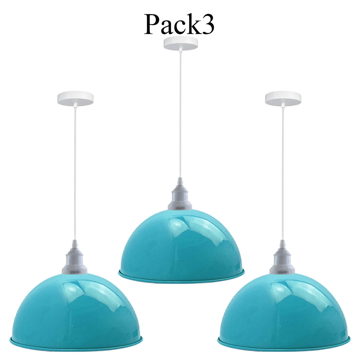 Blue metal vintage industrial ceiling light with white lamp holder, 95cm suspension, 3 pieces for loft or kitchen décor.