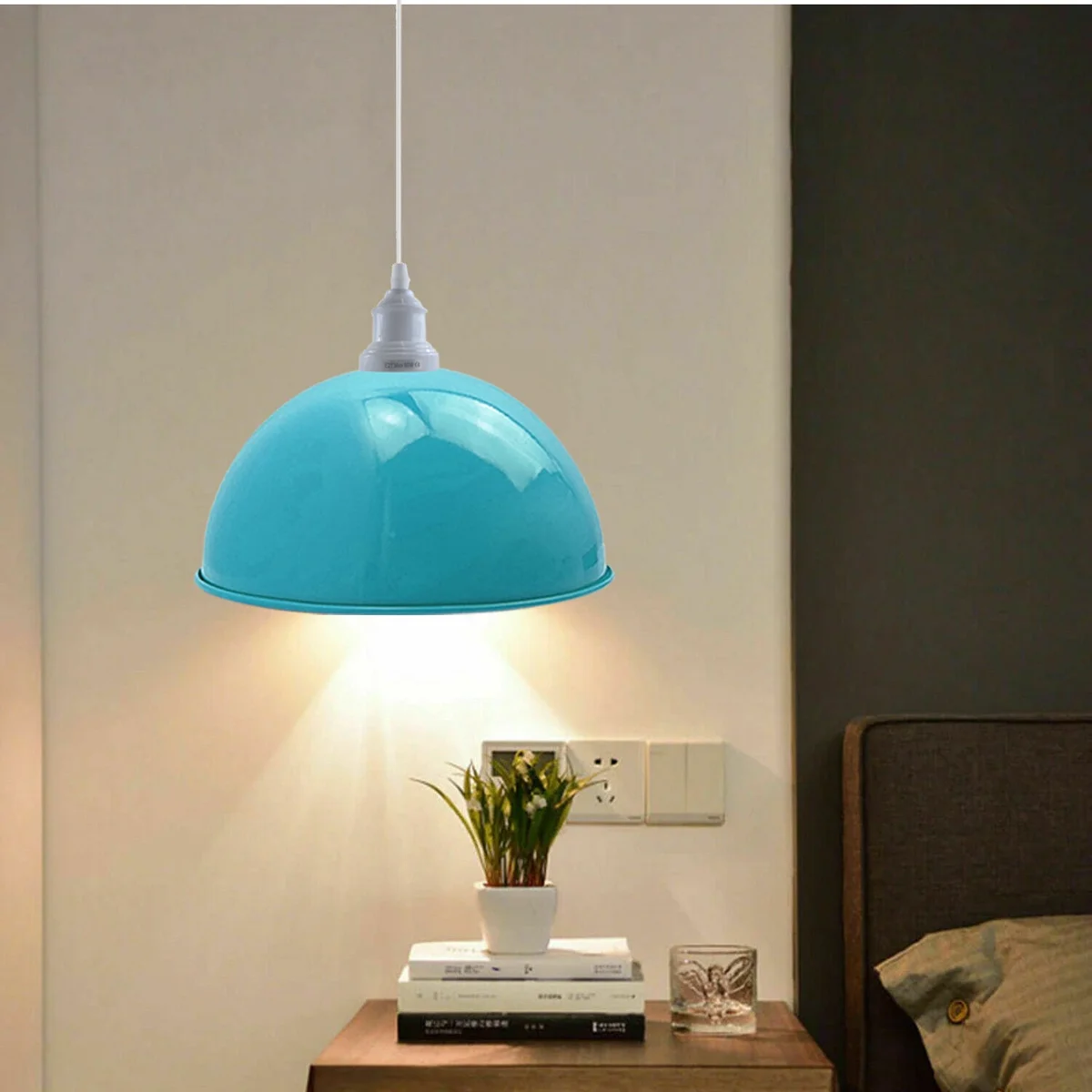 3 pack pendant lights, each blue industrial shade with metal body and PVC cord, hanging over kitchen island.