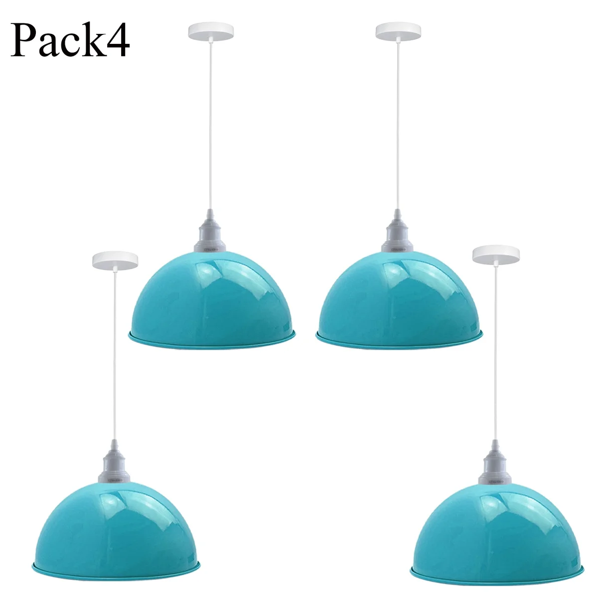 Set of four metal pendant lights with light blue finish, white lamp holders, 95cm hangs, industrial style