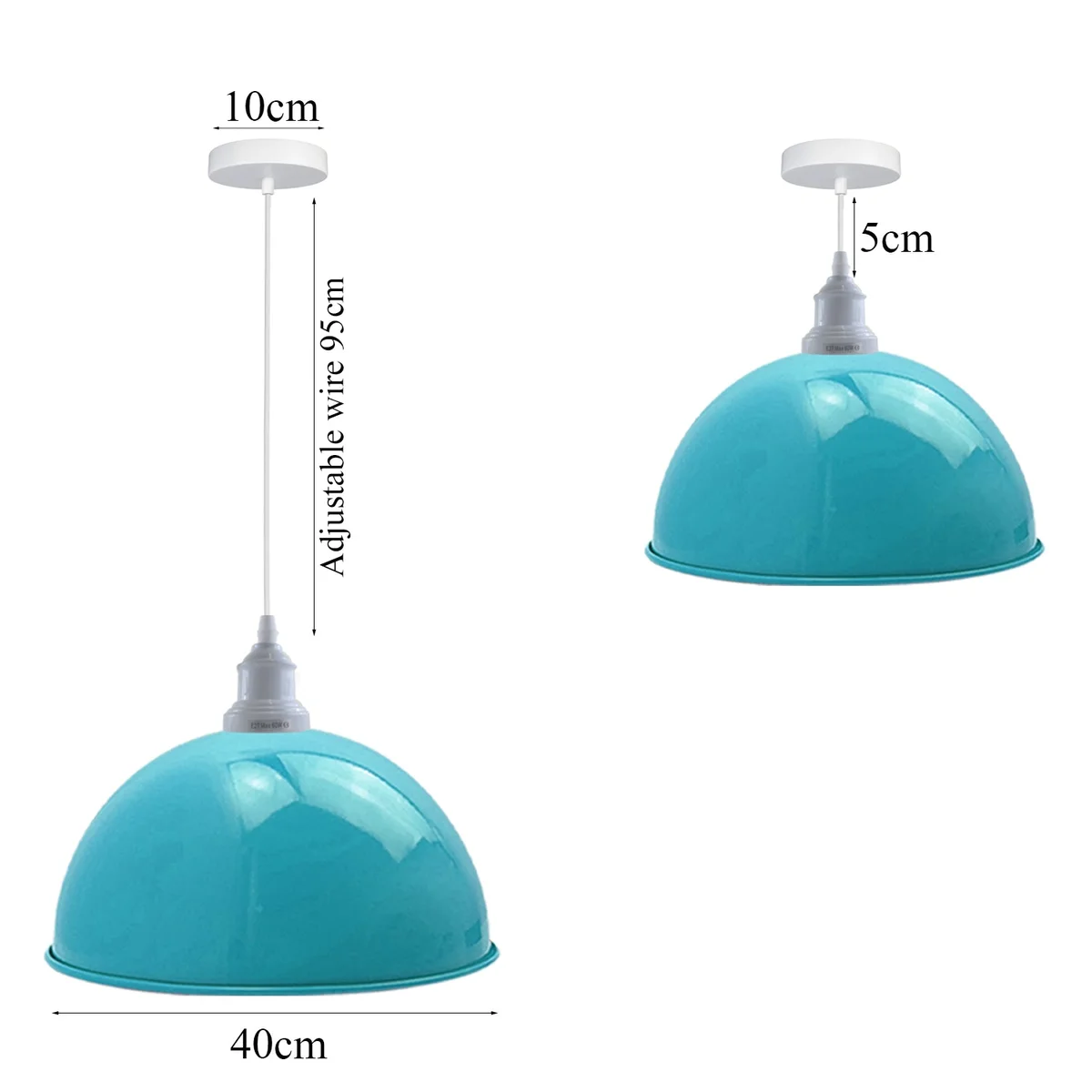 Industrial pendant light set: 4 light‑blue iron shades with white E27 holders, 95 cm cables, hanging from 10 cm bases.
