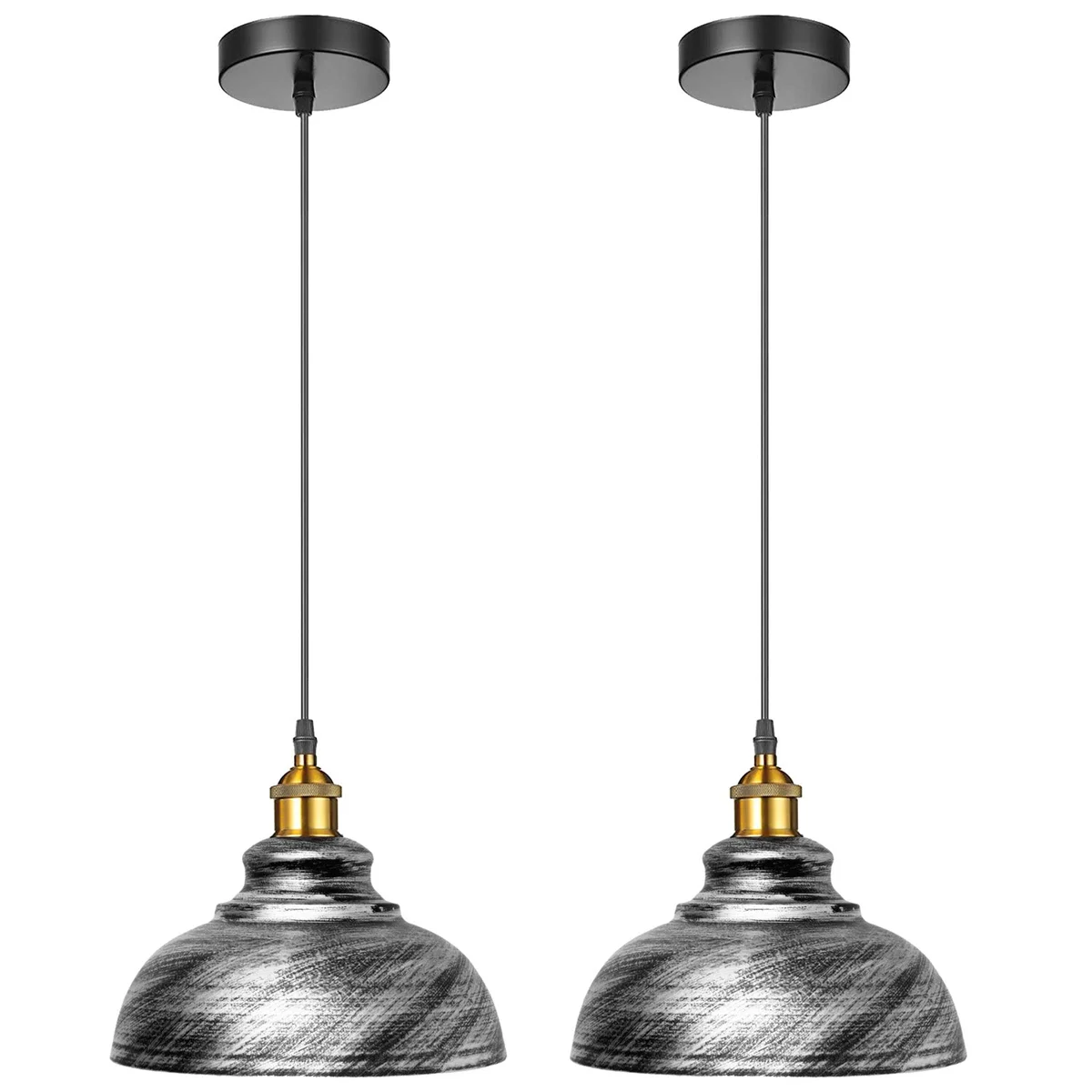 Two vintage industrial pendant lights with brushed silver shades, adjustable cords, hanging from ceiling in a living room.