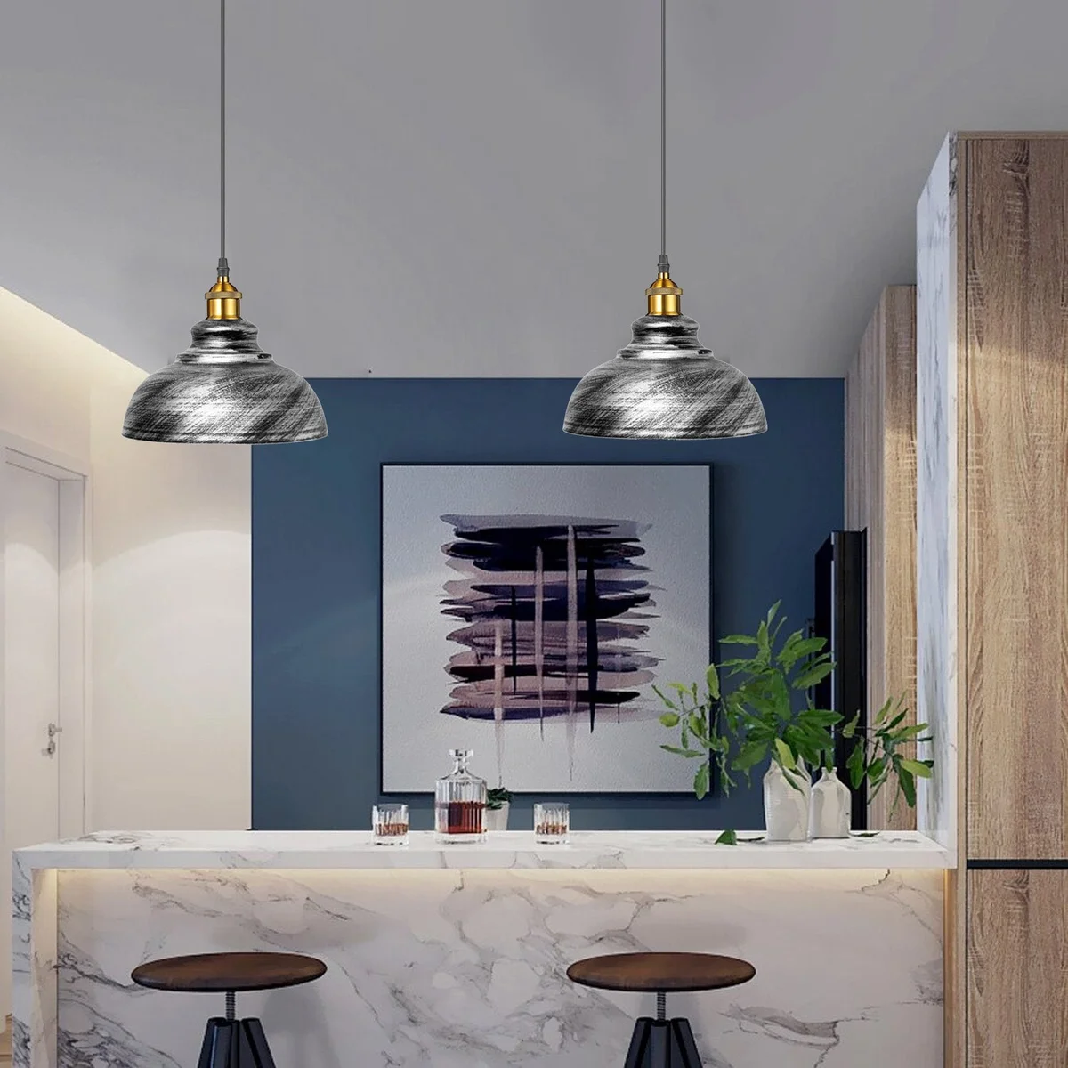 Pair of retro loft pendant lights with brushed silver metal cages, 95cm flexible cords, E27 fittings