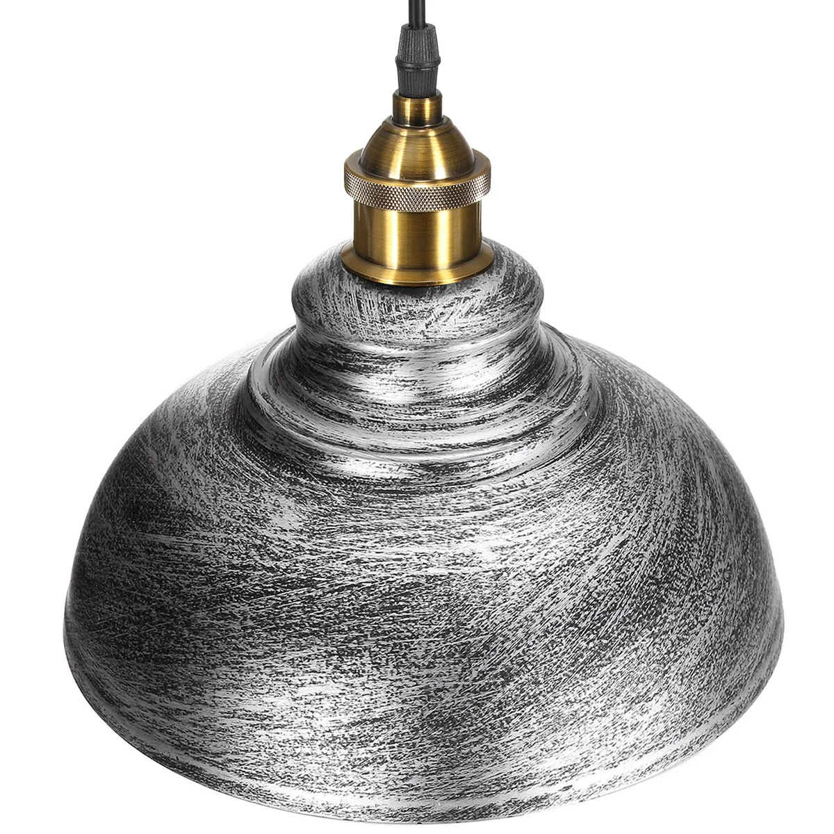 Two vintage industrial pendant lights, metal cage shades, brushed silver finish, 95 cm cords, 10 cm ceiling roses.