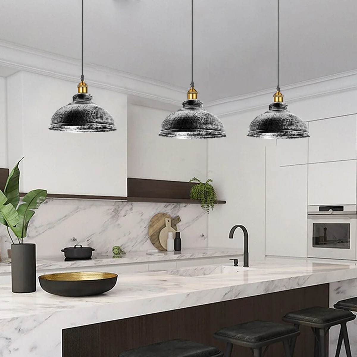 Three brushed silver industrial pendant lights with metal shades hanging via 95 cm flexible cords from a ceiling rose.