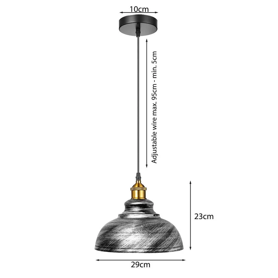 3 brushed silver metal lampshades with antique finish hanging on adjustable flex cords, forming a retro ceiling light