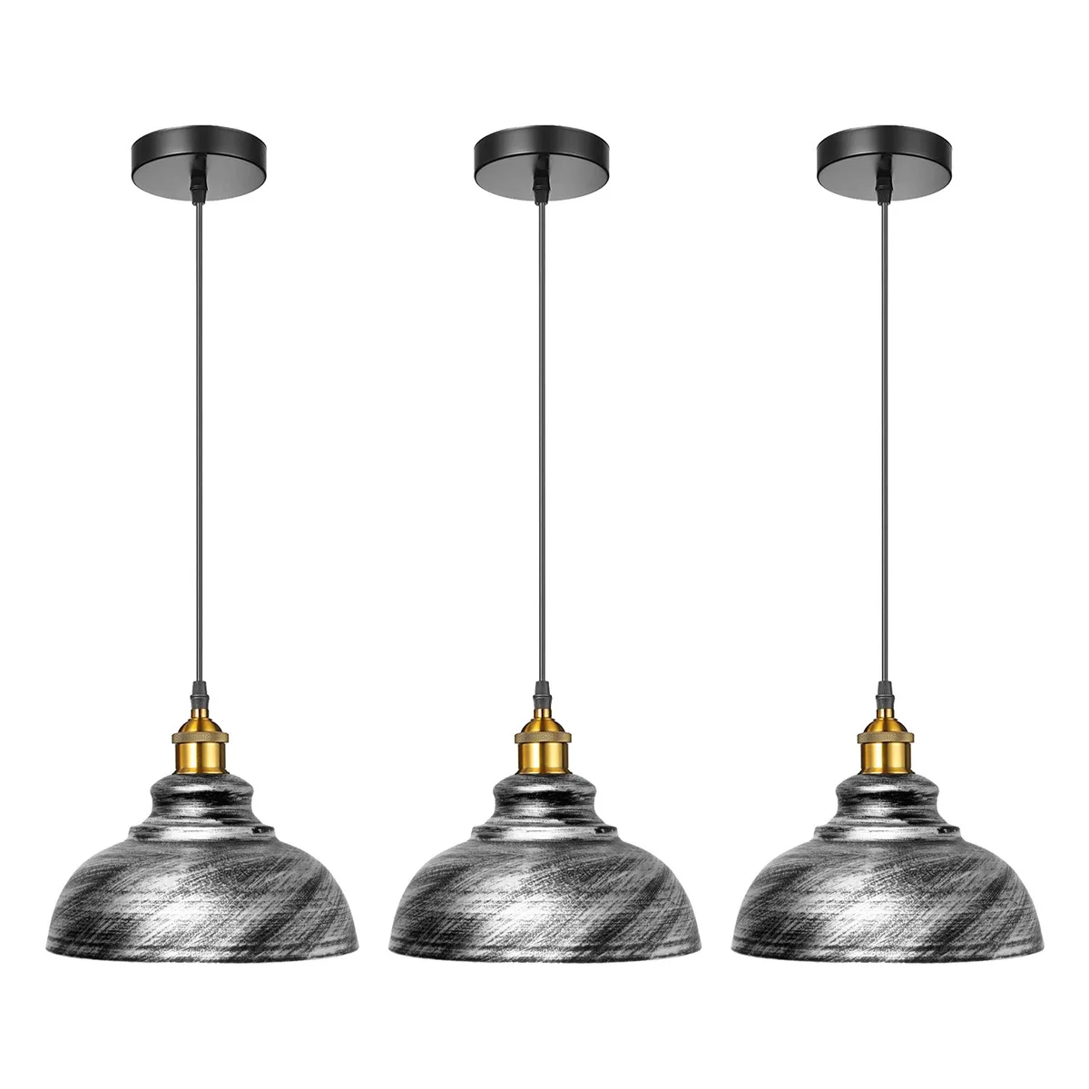 Brushed silver pendant lights, 3 industrial metal shades with antique finish, hanging from ceiling, decorative rustic style