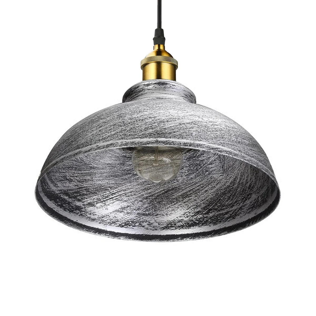 Three metal pendant lights with brushed silver, antique painted metal shades, 95cm cords, hung from 10cm ceiling roses.
