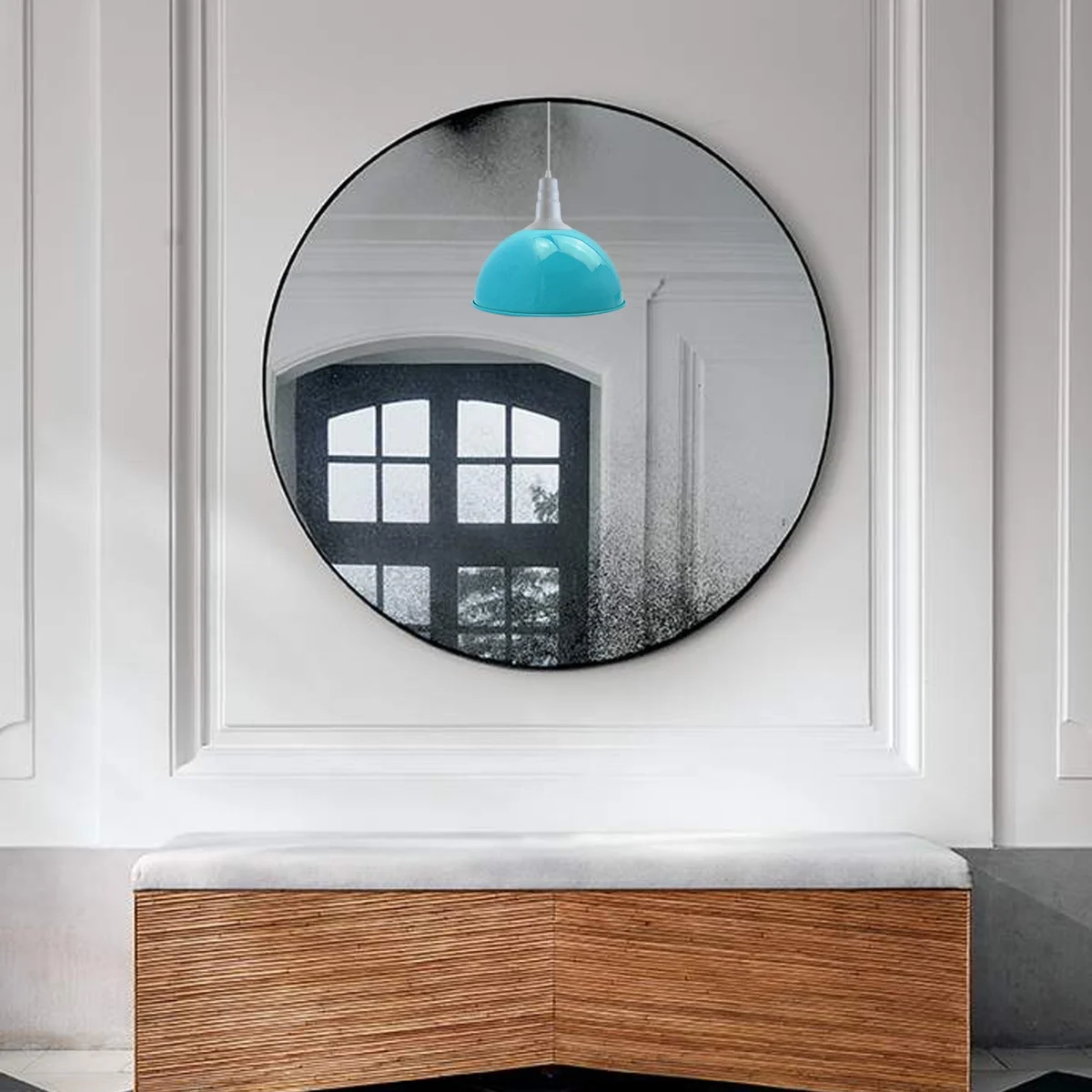 Retro metal dome pendant ceiling light in antique hand‑painted finish, hanging from a 95 cm cable onto a 10 cm ceiling rose.