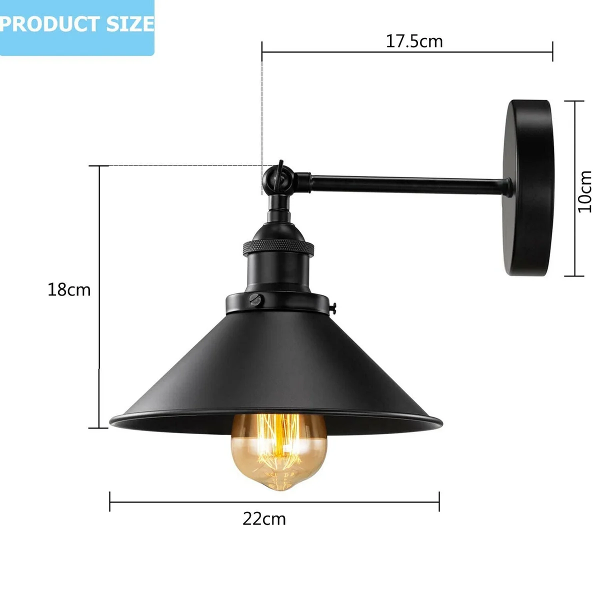 Two black dining room light sconces with cone 22 cm shades, adjustable arms, and ceiling rose fittings for easy install.