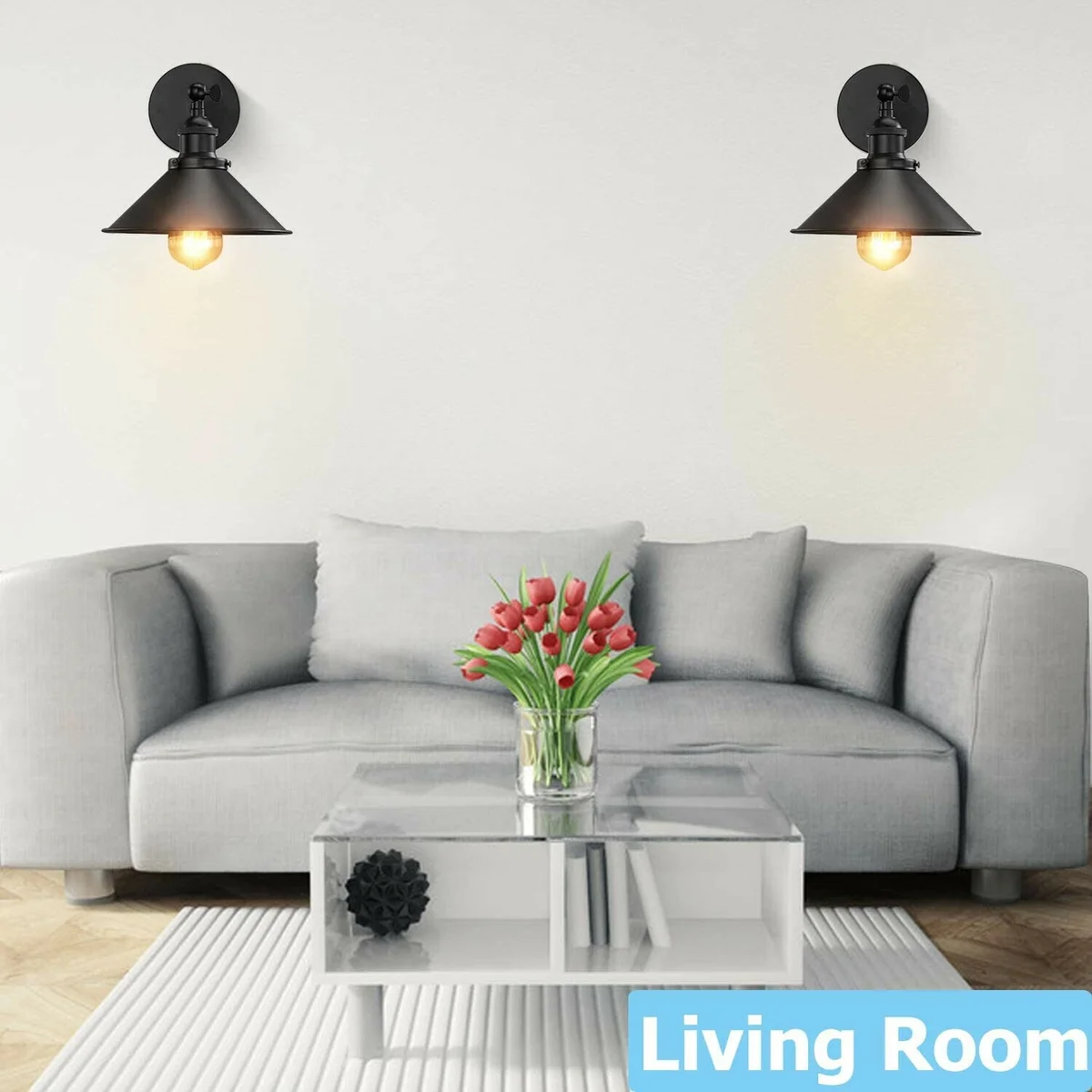 Black metal cone-shaped wall lamp set, 2 pack, 22 cm shade diameter, 10 cm height, suited for dining room