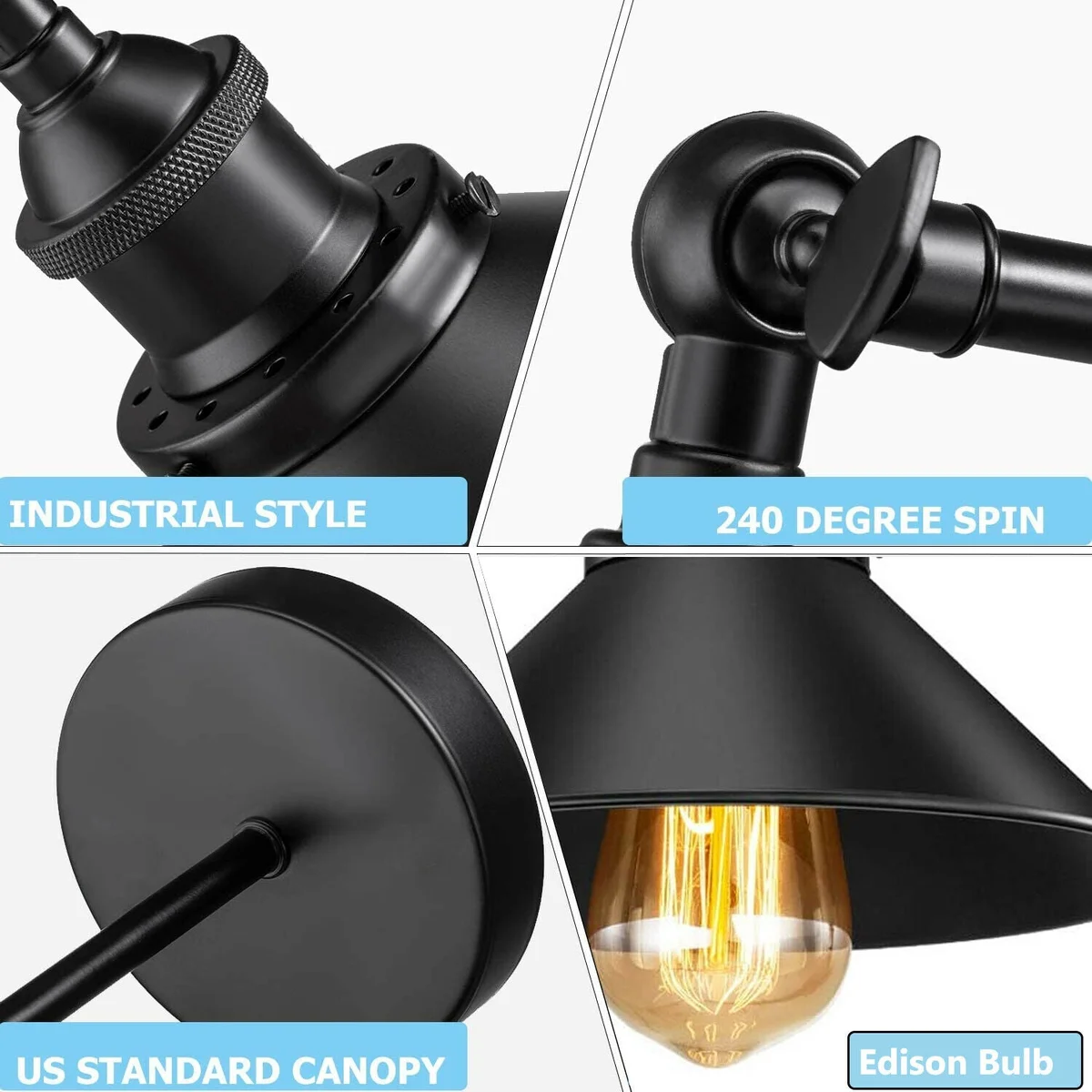 Two black wall sconces on a wall, cone‑shaped metal shades, sleek and modern design.