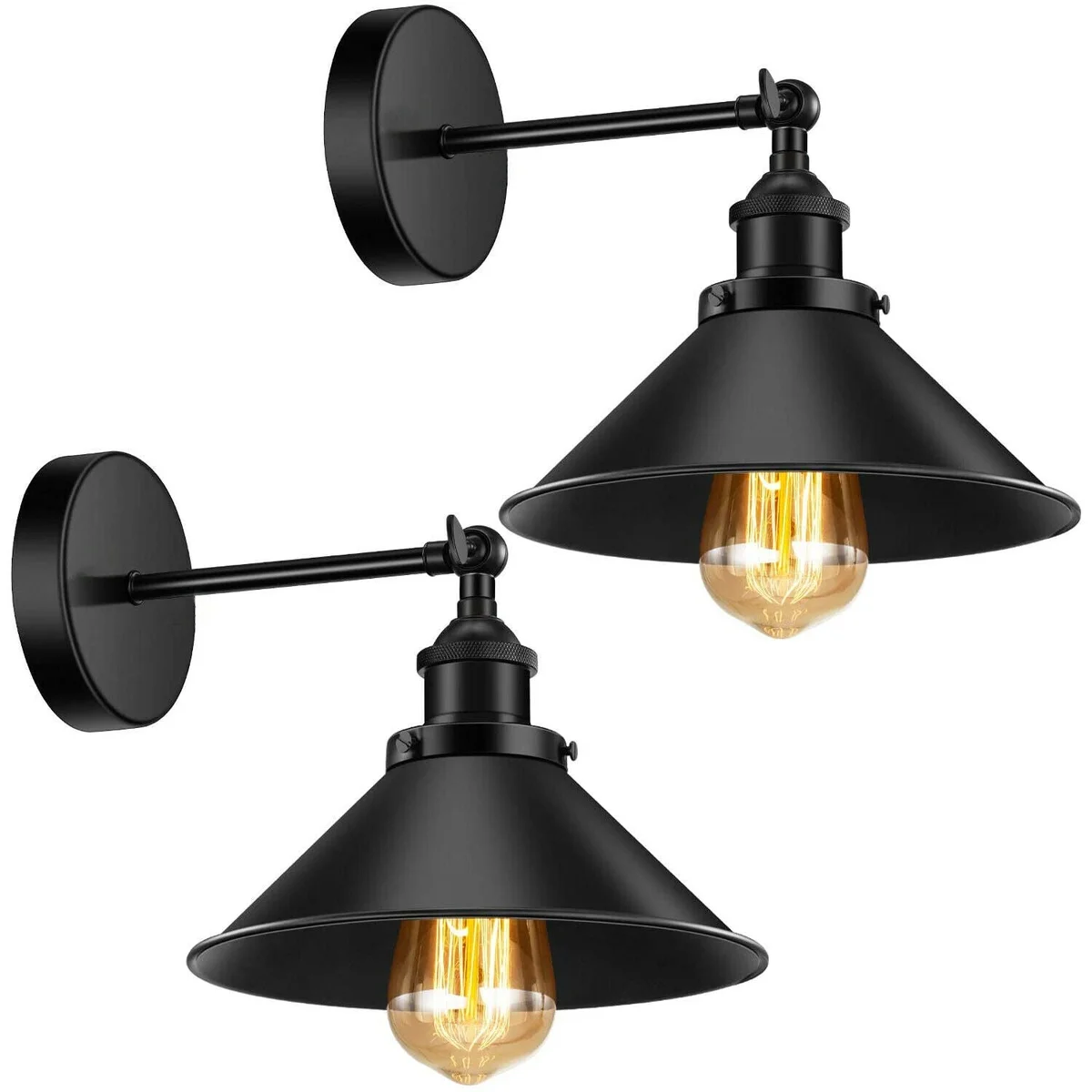 Black metal wall sconce with cone‑shaped 22 cm diameter shade, 10 cm high, mounted on a wall.