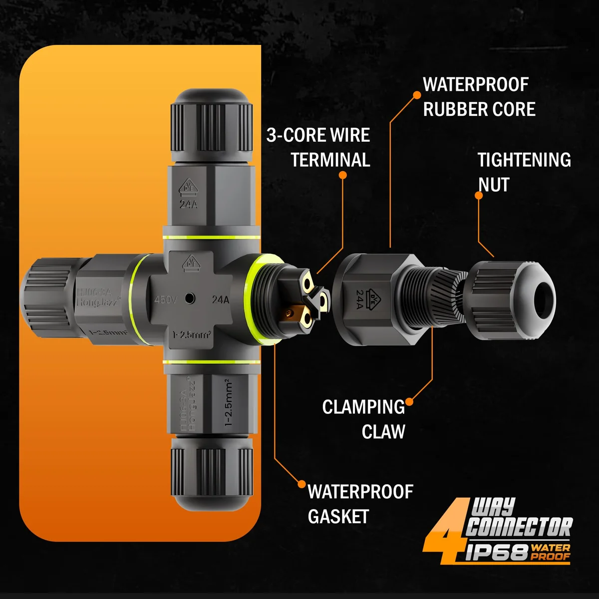 IP68 junction box connector with 3‑pin design, nylon shell, nickel‑plated brass clamps, silicone sealing ring.
