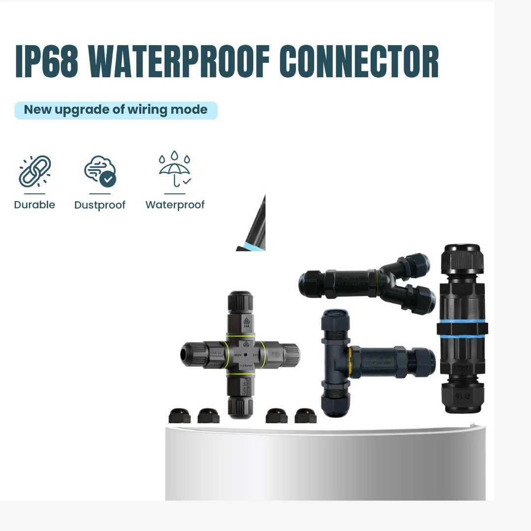 3 pin waterproof connector, IP68 rated, nylon shell, nickel plated brass clamp, silicone rubber seal – for outdoor cable use.