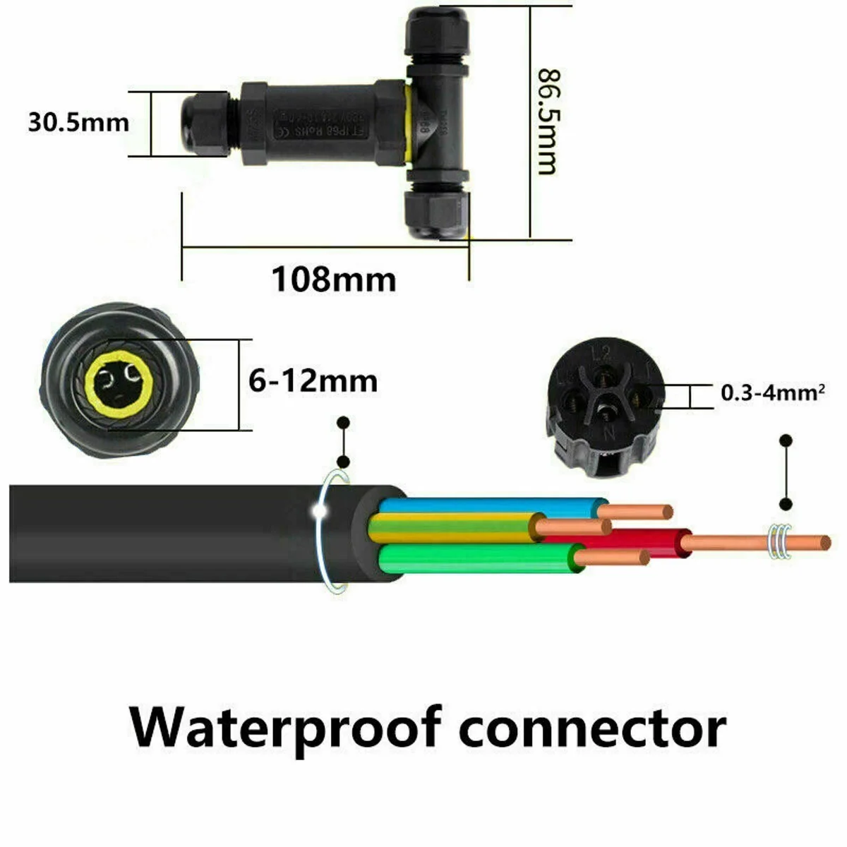 3-pin waterproof cable connector in nylon shell with nickel‑plated brass clamps and silicone sealing ring