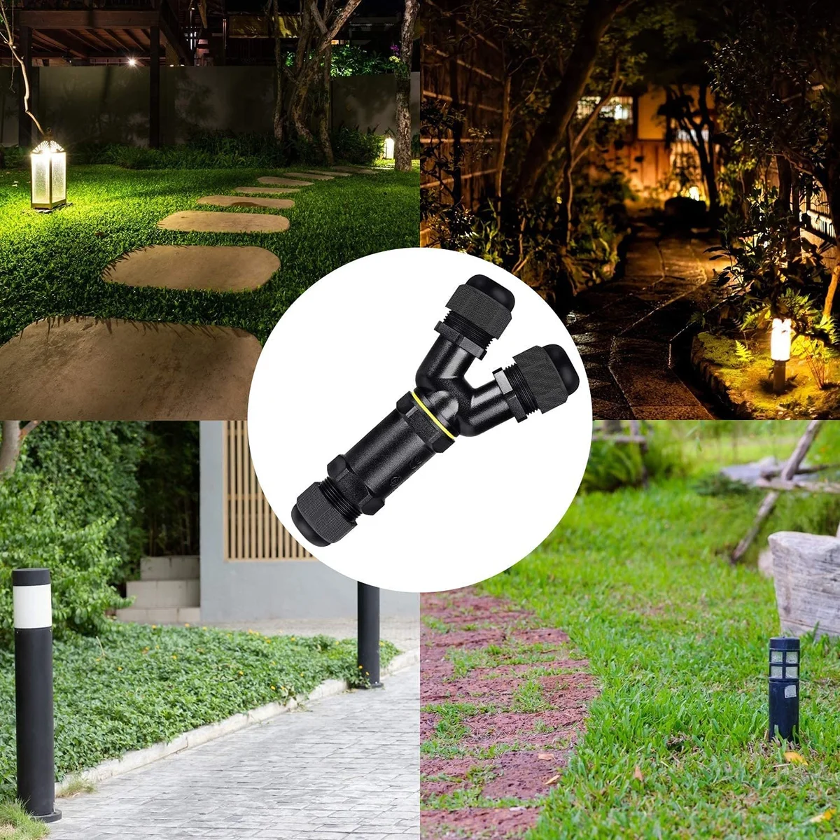 IP68 waterproof cable connector: 3-pin, nylon PA66 shell, nickel plated brass clamp, silicone rubber seal for outdoor use.