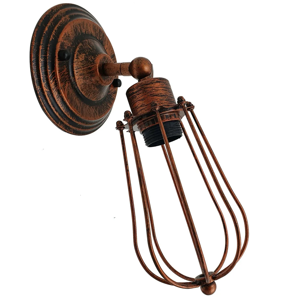 Rustic red metal cage vintage wall sconce with 12cm width, 18.5cm height, E27 socket, mounted on wall.