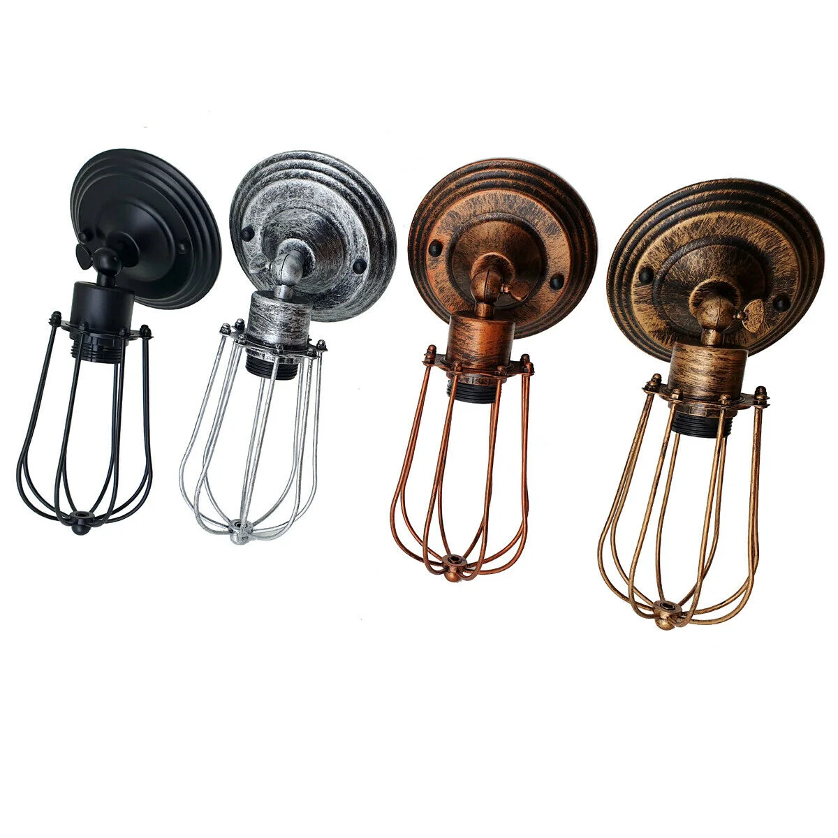 Vintage industrial-style E27 bulb wall light with metal wire cage, painted finish, black finish, 12.5cm width, 18.5cm high.