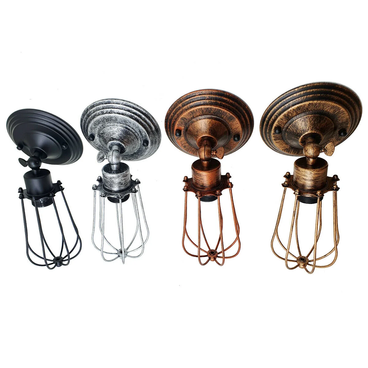 Metal wall sconce with rustic industrial lighting cage, black finish, E27 base visible, warm glow through wire structure