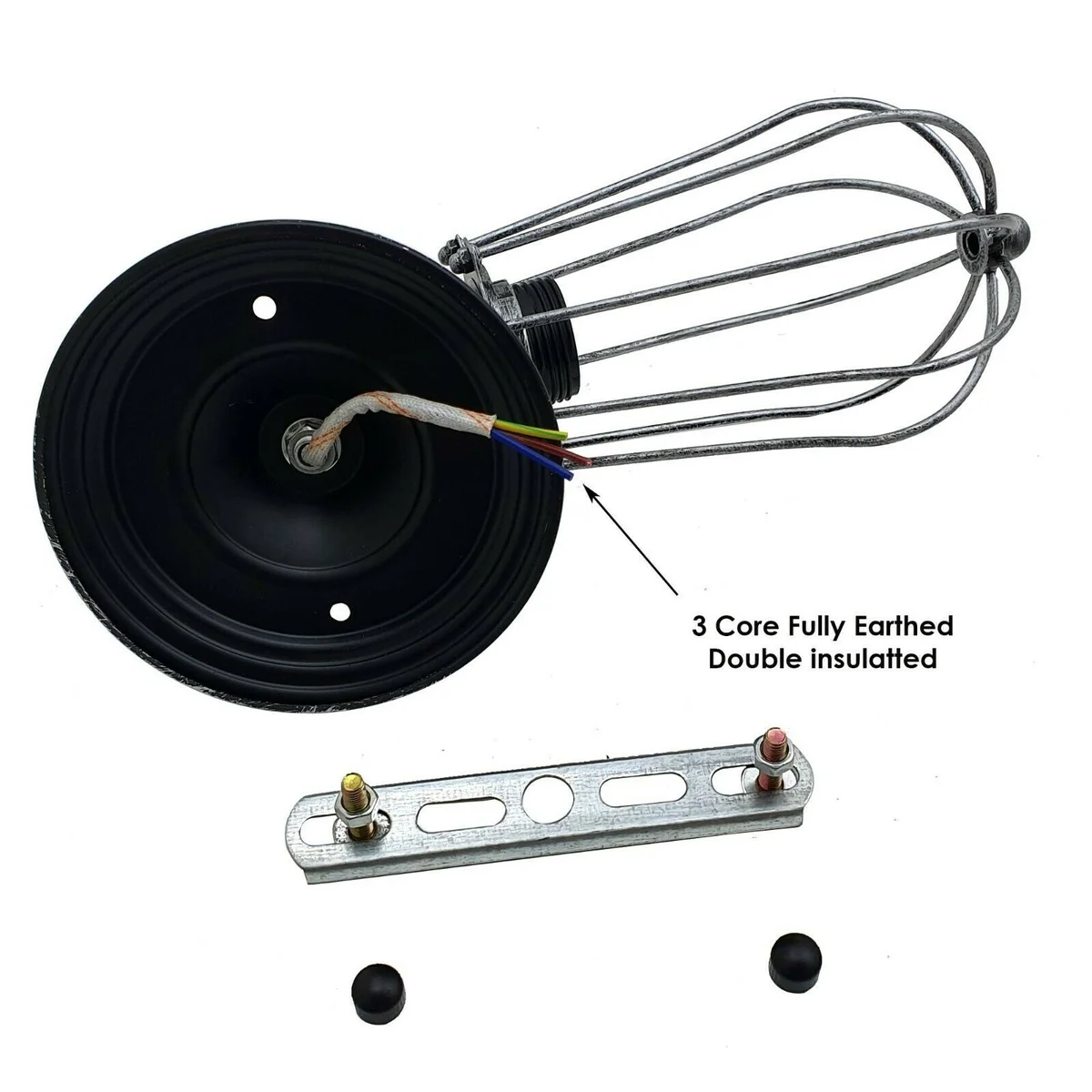 Black industrial cage wall light with metal wire frame and E27 socket, hanging from a wall.