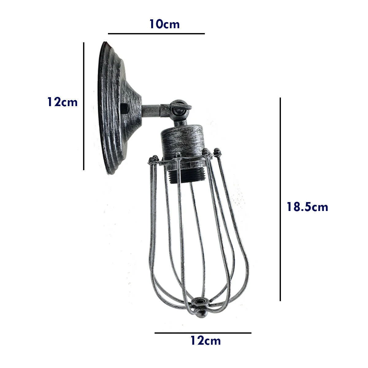 Black industrial cage wall light, metal cage with exposed wiring, hanging from wall, warm light.