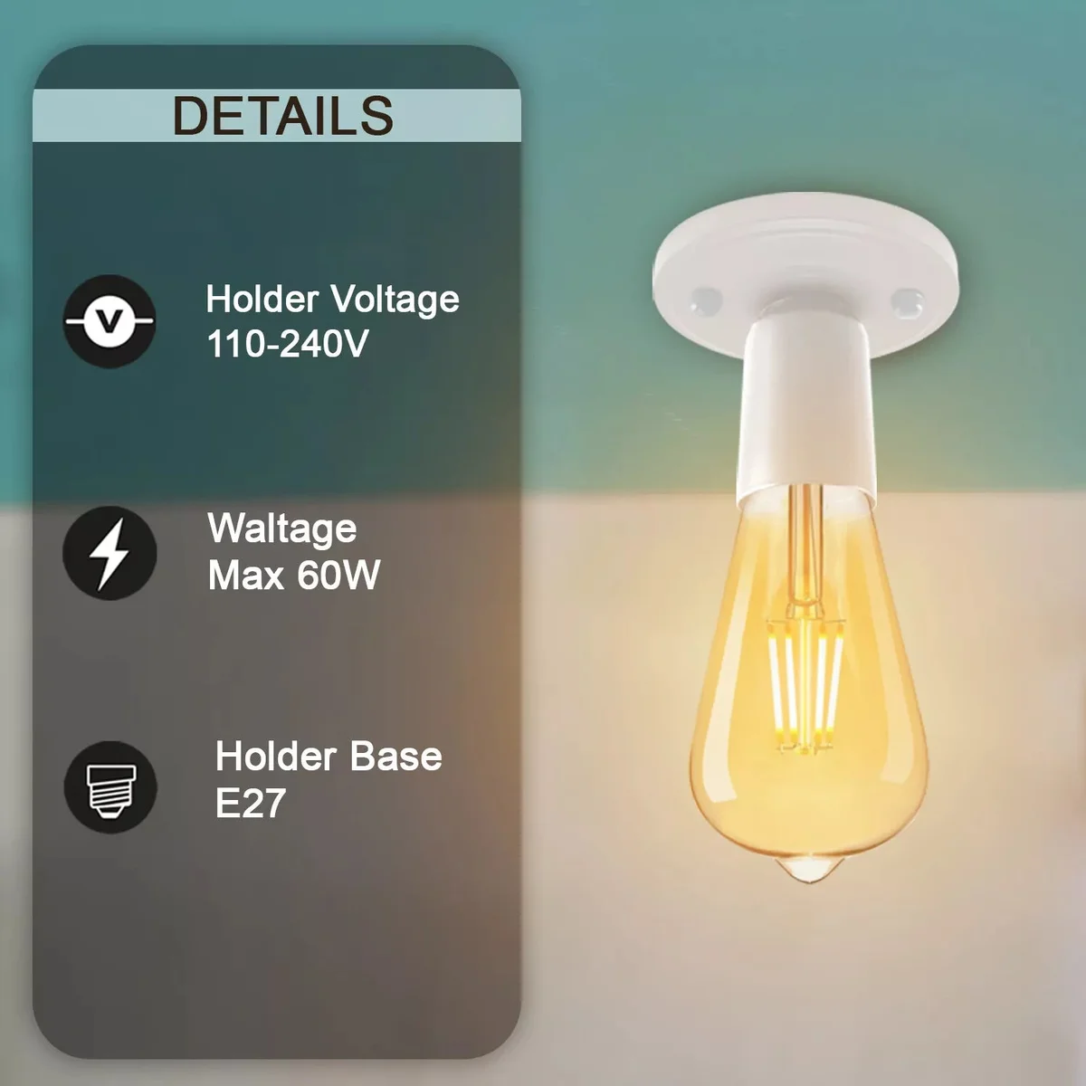 White metal flush‑mount lamp holder 10.8cm × 2.5cm, vintage style with E27 socket for white retro ceiling lighting