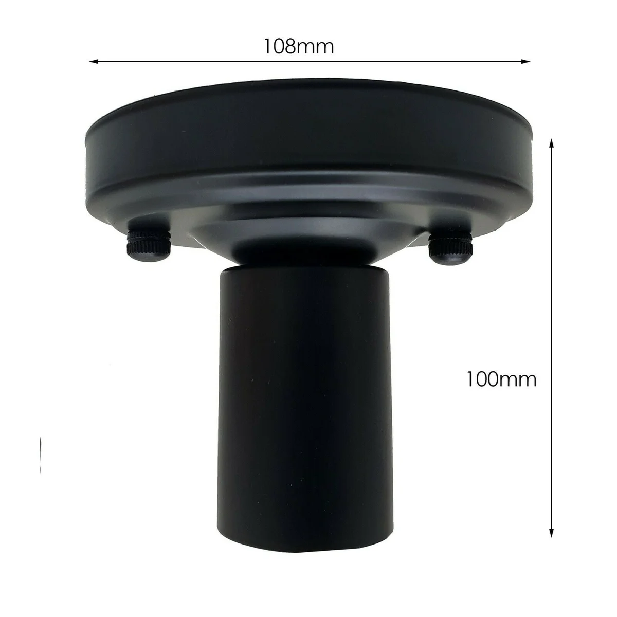 Black metal E27 ceiling light holder, flush mounted, 10.8cm x 2.5cm base, sleek industrial design.