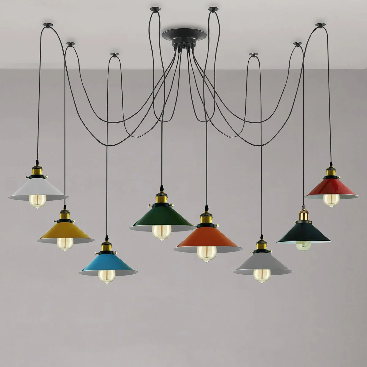 Industrial spider pendant light with eight multi‑coloured metal shades and adjustable 2m cables.