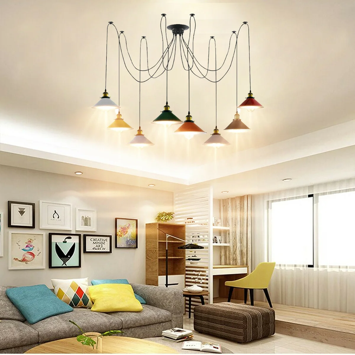 Industrial 8‑way adjustable ceiling light with multicoloured metal shades and 2m PVC cables.