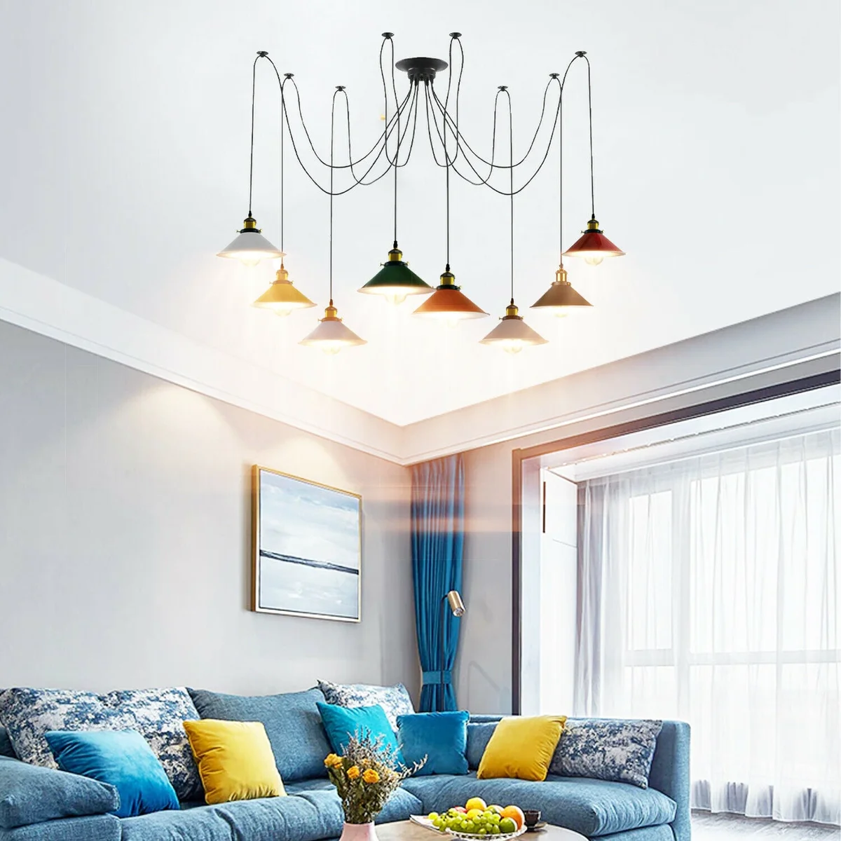 Sleek industrial spider pendant lighting with eight colourful metal arms and adjustable cables.