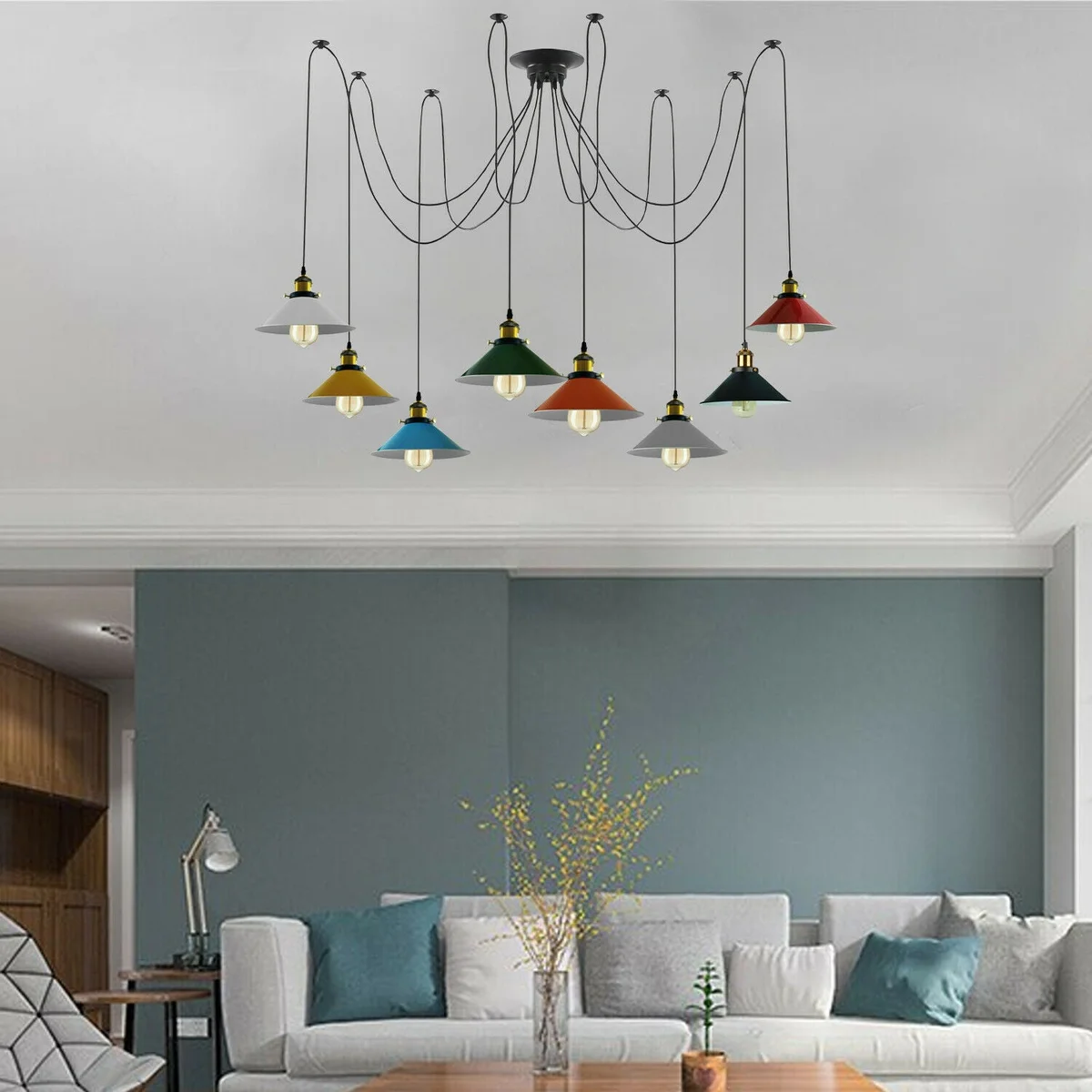 8-way pendant lamp with vibrant multi-coloured metal shades, adjustable cables, and E27 sockets.