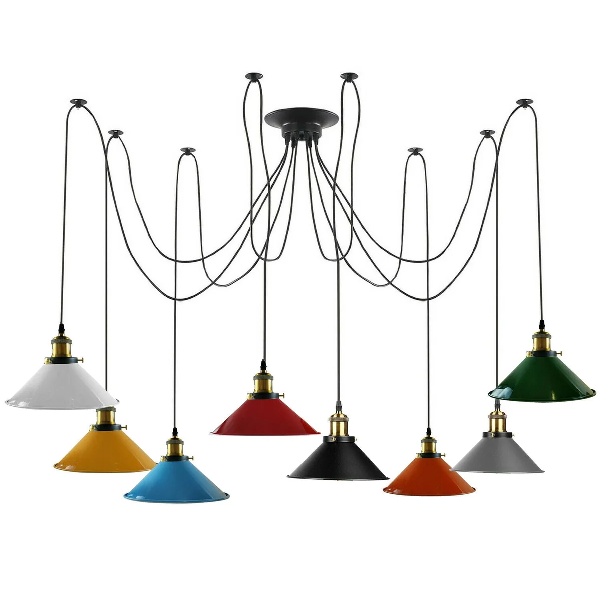 Industrial spider pendant light with eight coloured metal shades hanging from 2m adjustable cables