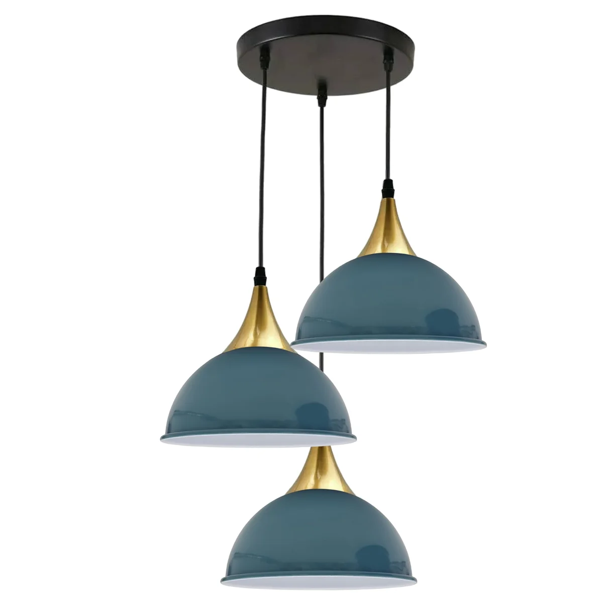 Three‑headed industrial metal pendant light in cyan blue and yellow brass with metal shade, hanging from ceiling.