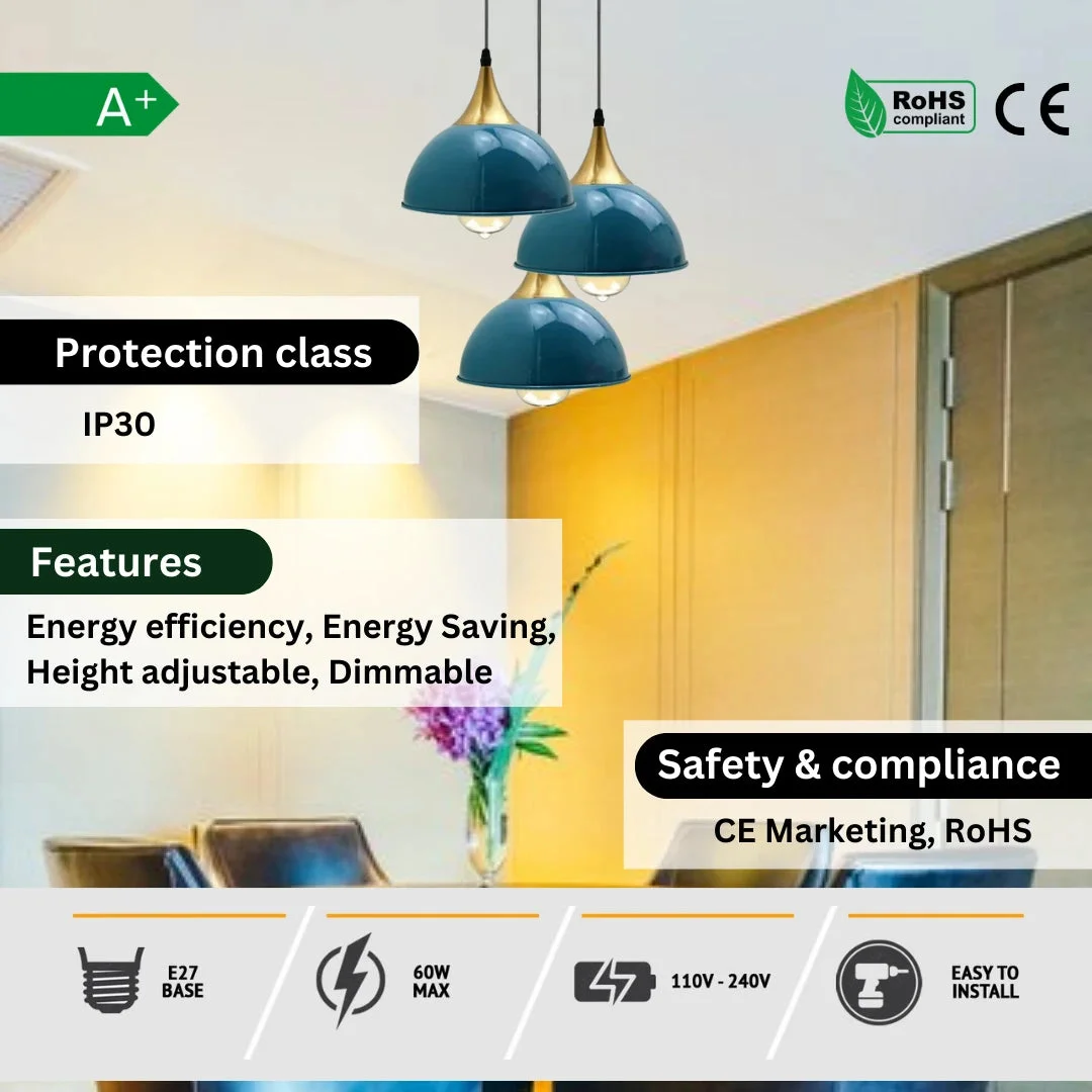 Vintage ceiling pendant lamp with cyan blue metal dome shade, yellow brass accents, 3 E27 sockets, modern industrial design