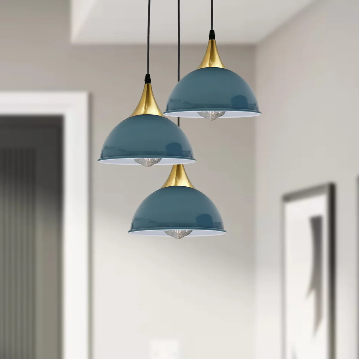 Blue 3 head pendant light with metal shade, PVC cable, modern industrial dome lamp, painted finish