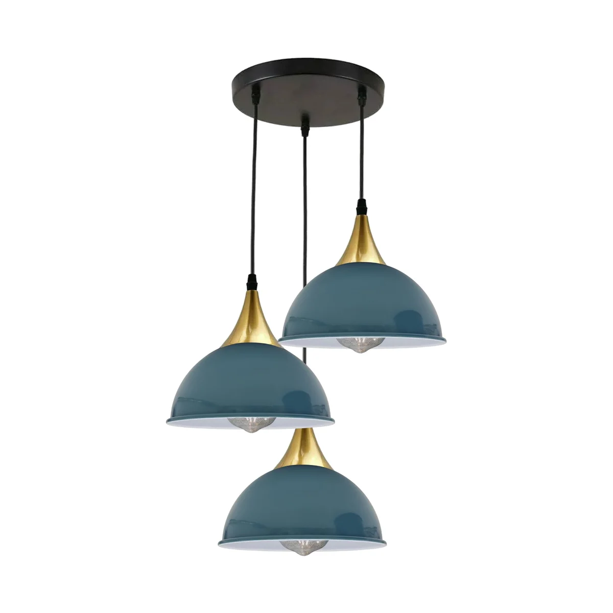 Blue 3‑head pendant lamp with metal shade, yellow brass trim, E27 bulb pendant, modern industrial style.